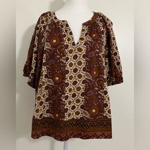 Rachel Zoe Blouse Size Large Boho Floral Cotton V Neck Peasant Cottage Hippie